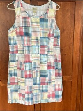 LL Bean Sleeveless Dress, Sz 12P. Madras pastel Patchwork. 100% Cotton. Preppy